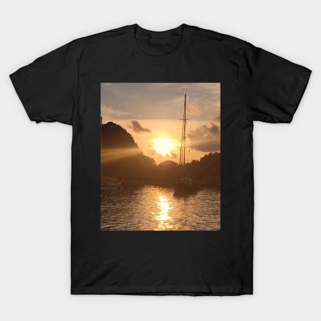 Sailing into Sunset Bliss: Paxos Coastal Sunset Artwork T-Shirt by HFGJewels